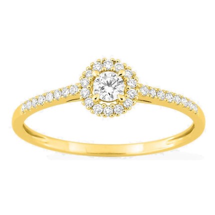 Anillo de oro amarillo 9K con diamantes creados 0,22 ct y centro redondo 0,10 ct en halo