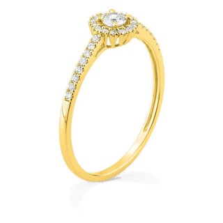 Anel em ouro amarelo 9K com diamantes criados 0,22 ct e centro redondo 0,10 ct em halo