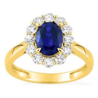 Anel em ouro amarelo 9K com safira criada e diamantes criados 0,65 ct