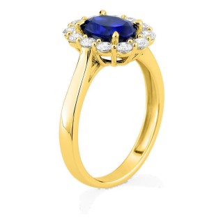 Anel em ouro amarelo 9K com safira criada e diamantes criados 0,65 ct