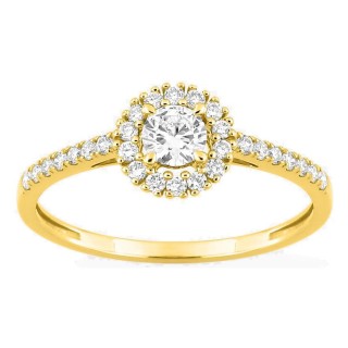 Anel em ouro amarelo 9K com diamantes criados 0,40 ct e centro redondo 0,20 ct em halo