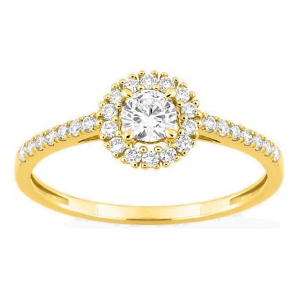 Anillo de oro amarillo 9K con diamantes creados 0,40 ct y centro redondo 0,20 ct en halo