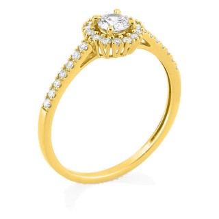 Anillo de oro amarillo 9K con diamantes creados 0,40 ct y centro redondo 0,20 ct en halo