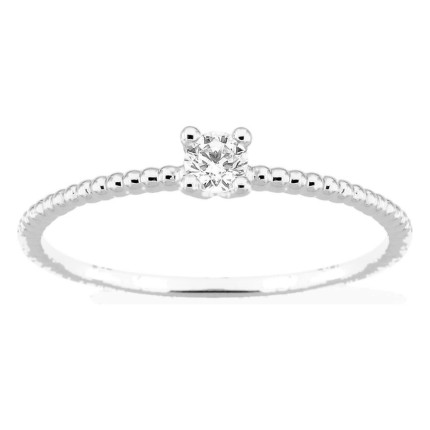Anel solitário em ouro branco 18K com aro perlado e diamante 0,10 ct