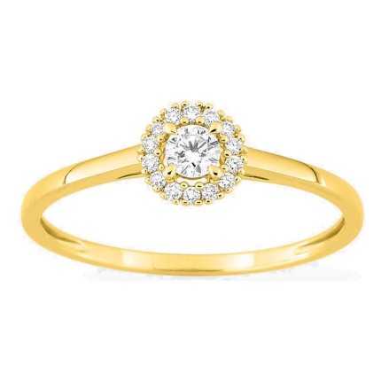 Anillo de oro amarillo 9K con diamantes creados 0,15 ct y centro redondo 0,10 ct en halo