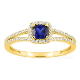 Anillo de oro amarillo 9K con zafiro creado talla cojín y diamantes creados 0,20 ct