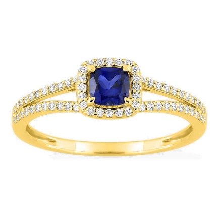 Anillo de oro amarillo 9K con zafiro creado talla cojín y diamantes creados 0,20 ct