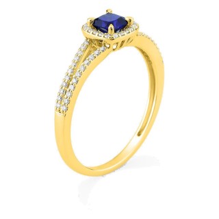 Anillo de oro amarillo 9K con zafiro creado talla cojín y diamantes creados 0,20 ct