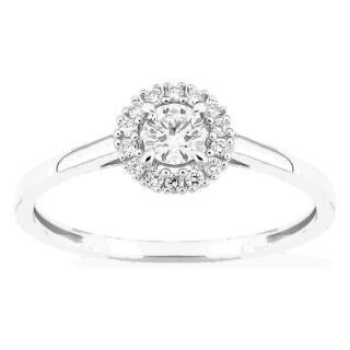 Anel em ouro branco 9K com diamantes criados 0,28 ct e centro redondo 0,20 ct em halo