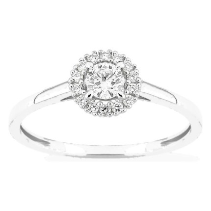 Anel em ouro branco 9K com diamantes criados 0,28 ct e centro redondo 0,20 ct em halo