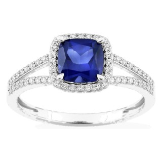 Anillo de oro blanco 9K con zafiro creado talla cojín y diamantes creados 0,24 ct