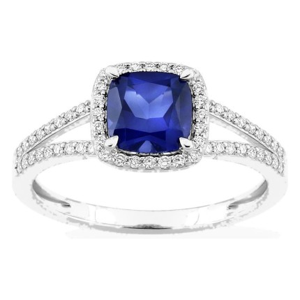 Anillo de oro blanco 9K con zafiro creado talla cojín y diamantes creados 0,24 ct