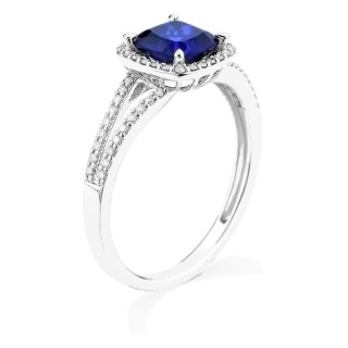Anel em ouro branco 9K com safira criada lapidação almofada e diamantes criados 0,24 ct