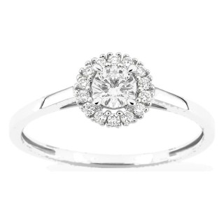 Anillo de oro blanco 9K con diamantes creados 0,35 ct y centro redondo 0,25 ct en halo