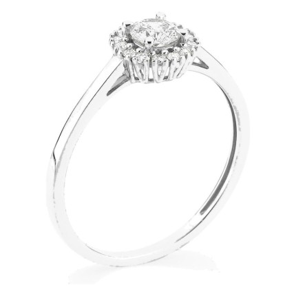 Anel em ouro branco 9K com diamantes criados 0,35 ct e centro redondo 0,25 ct em halo