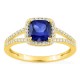Anel em ouro amarelo 9K com safira criada lapidação almofada e diamantes criados 0,24 ct