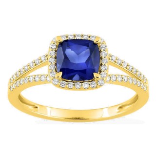 Anillo de oro amarillo 9K con zafiro creado talla cojín y diamantes creados 0,24 ct