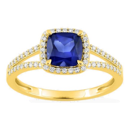 Anillo de oro amarillo 9K con zafiro creado talla cojín y diamantes creados 0,24 ct