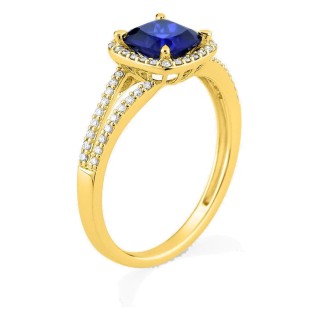 Anillo de oro amarillo 9K con zafiro creado talla cojín y diamantes creados 0,24 ct
