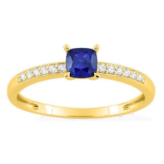 Anel em ouro amarelo 9K com safira criada lapidação almofada e diamantes criados 0,08 ct