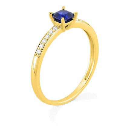 Anillo de oro amarillo 9K con zafiro creado talla cojín y diamantes creados 0,08 ct