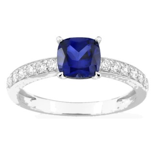 Anillo de oro blanco 9K con zafiro creado talla cojín y diamantes creados 0,26 ct