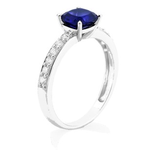 Anillo de oro blanco 9K con zafiro creado talla cojín y diamantes creados 0,26 ct