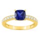 Anel em ouro amarelo 9K com safira criada lapidação almofada e diamantes criados 0,26 ct