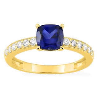 Anillo de oro amarillo 9K con zafiro creado talla cojín y diamantes creados 0,26 ct