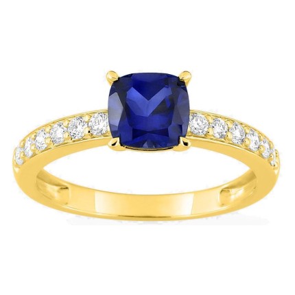 Anillo de oro amarillo 9K con zafiro creado talla cojín y diamantes creados 0,26 ct