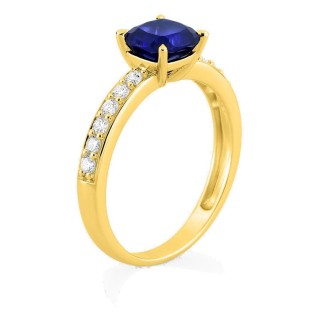 Anillo de oro amarillo 9K con zafiro creado talla cojín y diamantes creados 0,26 ct