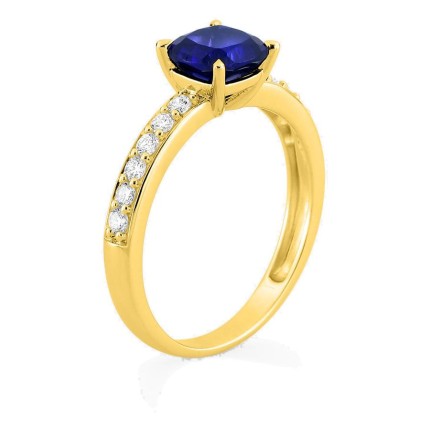 Anel em ouro amarelo 9K com safira criada lapidação almofada e diamantes criados 0,26 ct