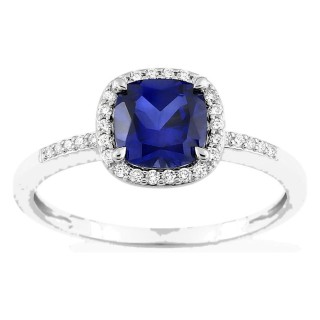Anillo de oro blanco 9K con zafiro creado talla cojín y diamantes creados 0,12 ct