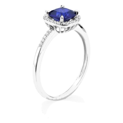 Anillo de oro blanco 9K con zafiro creado talla cojín y diamantes creados 0,12 ct
