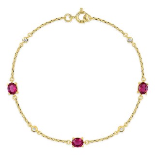 Pulseira banhada a ouro com zircónias vermelhas em garras e zircónias brancas em cravação fechada