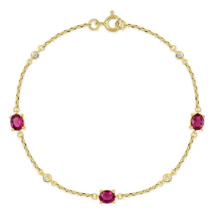 Pulseira banhada a ouro com zircónias vermelhas em garras e zircónias brancas em cravação fechada