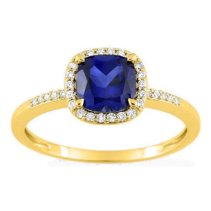 Anel em ouro amarelo 9K com safira criada lapidação almofada e diamantes criados 0,12 ct