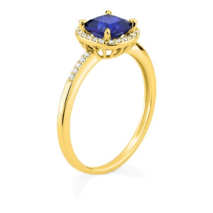 Anel em ouro amarelo 9K com safira criada lapidação almofada e diamantes criados 0,12 ct