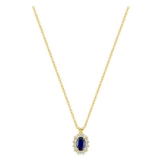 Collar de oro amarillo 9K con zafiro creado ovalado y diamantes creados 0,16 ct
