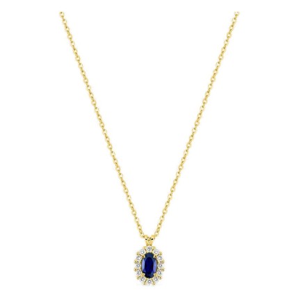 Colar em ouro amarelo 9K com safira criada oval e diamantes criados 0,16 ct