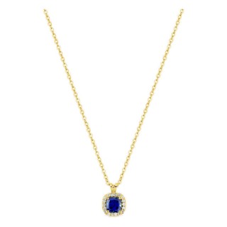 Colar em ouro amarelo 9K com safira criada de lapidação almofada e diamantes criados 0,05 ct