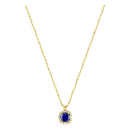 Colar em ouro amarelo 9K com safira criada de lapidação almofada e diamantes criados 0,05 ct