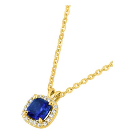 Colar em ouro amarelo 9K com safira criada de lapidação almofada e diamantes criados 0,05 ct