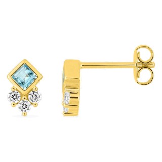 Pendientes de botón chapados en oro con circonitas azul cielo talla princesa y redondas