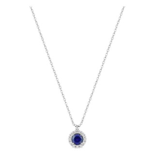 Collar de oro blanco 9K con zafiro creado redondo y diamantes creados 0,13 ct