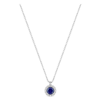 Collar de oro blanco 9K con zafiro creado redondo y diamantes creados 0,13 ct