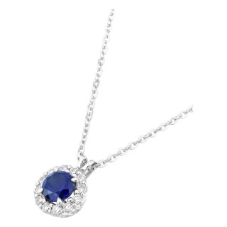 Colar em ouro branco 9K com safira criada redonda e diamantes criados 0,13 ct