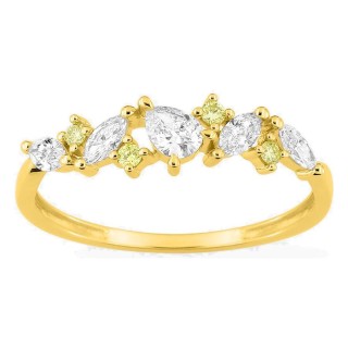 Anel em ouro amarelo 9K com diamantes criados brancos e amarelos 0,46 ct