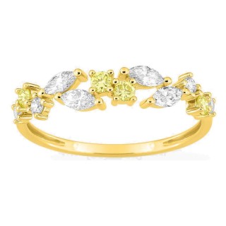 Anel em ouro amarelo 9K com diamantes criados brancos e amarelos 0,46 ct