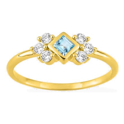 Anel banhado a ouro com zircónia azul-céu lapidação princesa e zircónias brancas